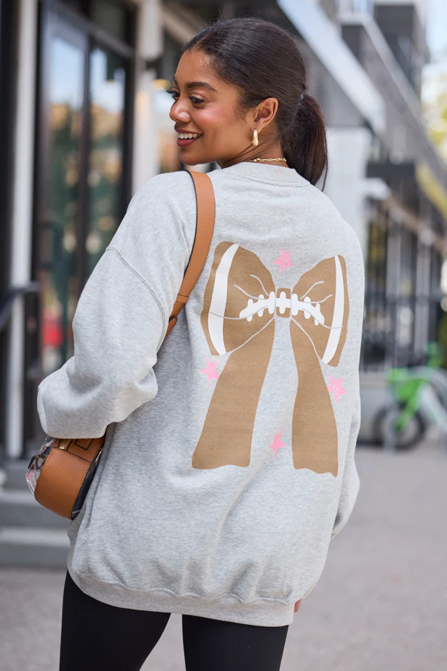 Football Bow Light Grey Graphic Sweatshirt | Pink Lily