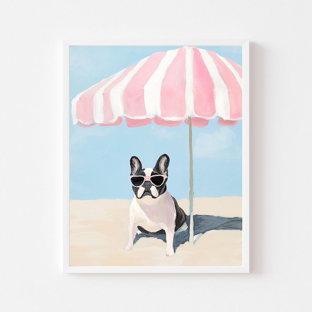 French Bulldog in Sunglasses Painting | Dog Lover Beach House Wall Art Print | Pastel Puppy Digit... | Etsy (US)