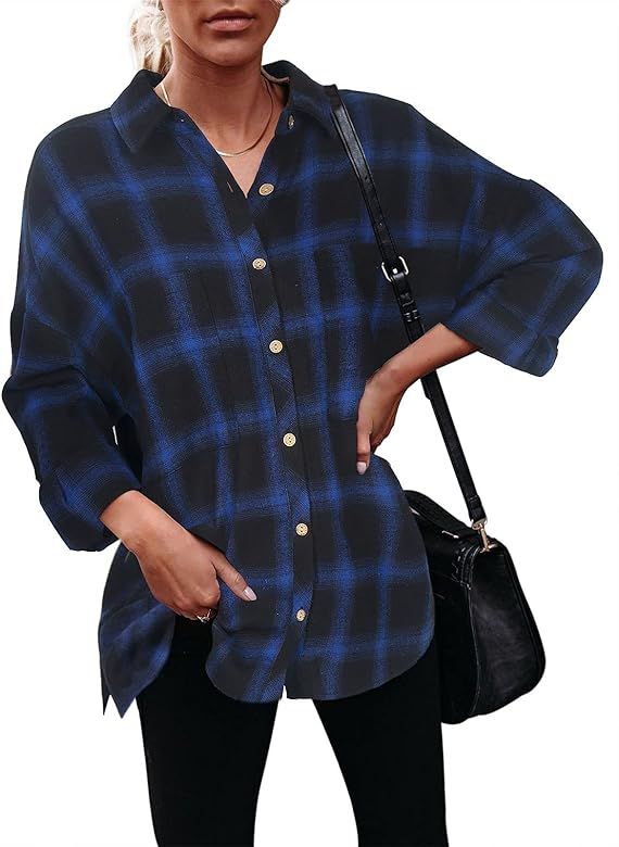 PINKMARCO Oversized Flannel Shirts for Women Plaid Shirt Plus Size Button Down Casual Long Sleeve Bl | Amazon (US)