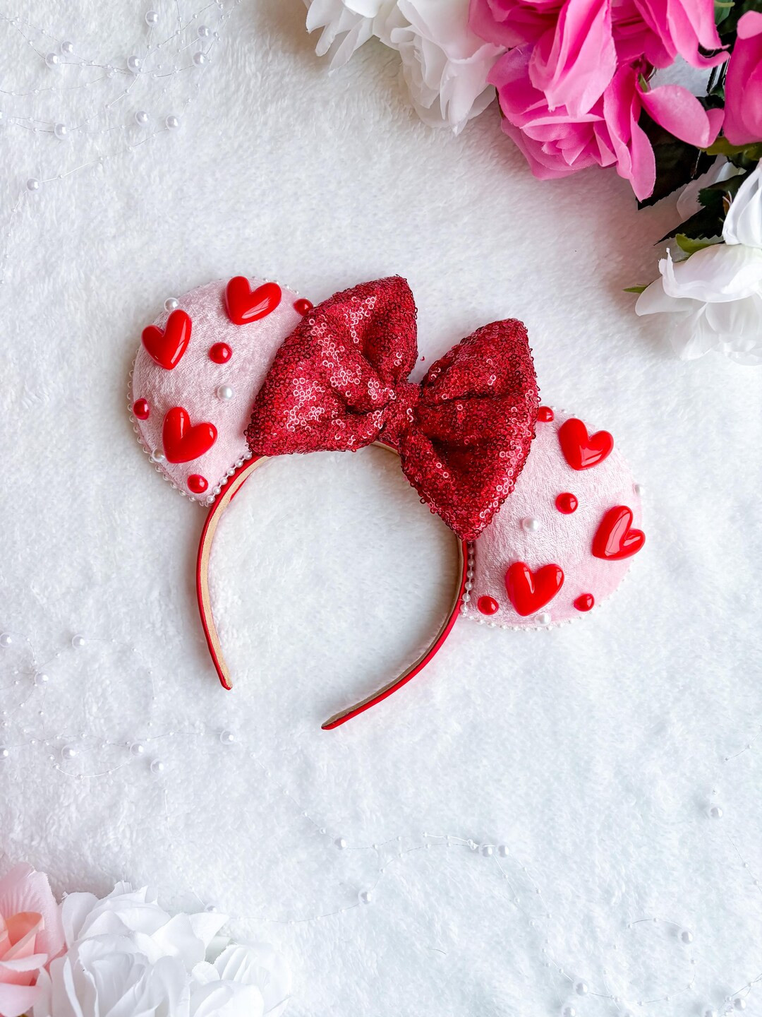 Valentines Day Pearl Heart Velvet Inspired Mouse Ears Mickey Ears Headband - Etsy | Etsy (US)