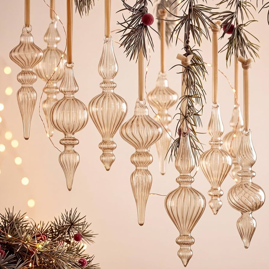 12 Pcs Vintage Glass Finial Christmas Ornaments, Light Brown | Amazon (US)