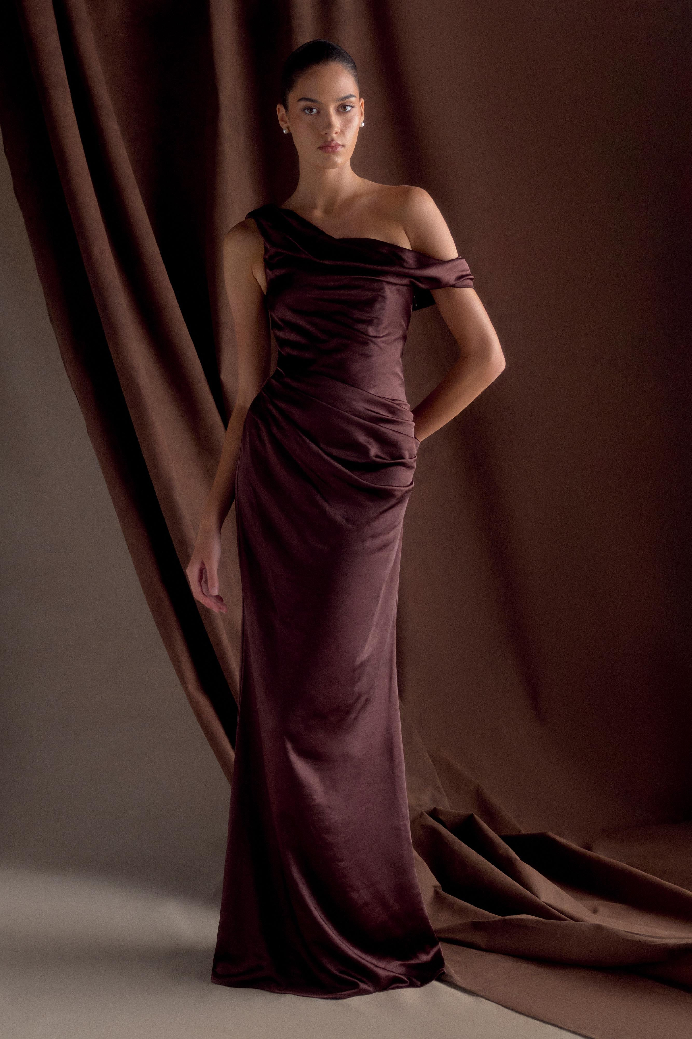 Dalia Off Shoulder Satin Maxi Dress - Dark Chocolate | MESHKI US