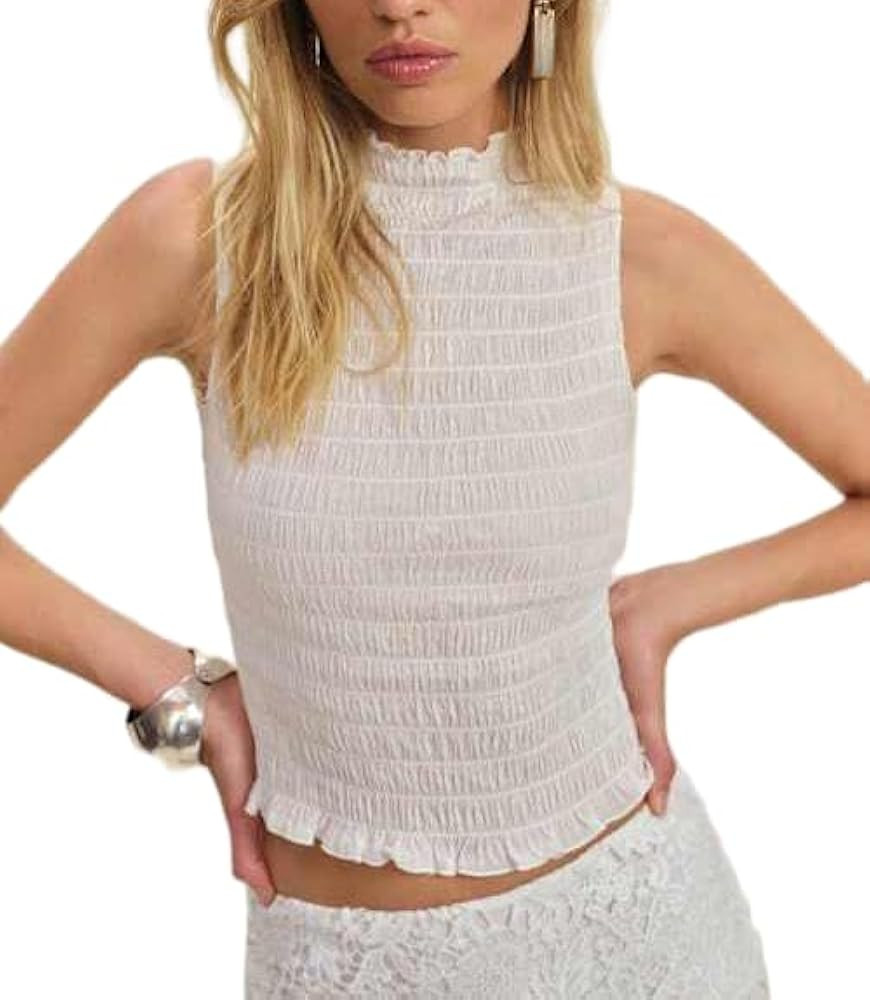 Women Smocked Ruffle Tank Top Y2k Sleeveless Shirred Going Out Crop Tops Cute Summer Ruched Peplu... | Amazon (US)