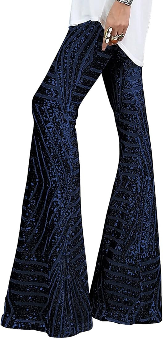 BLENCOT Sequin Pants for Women High Waist Bell Bottoms Glitter Wide Leg Palazzo Pants Night Club Spa | Amazon (US)