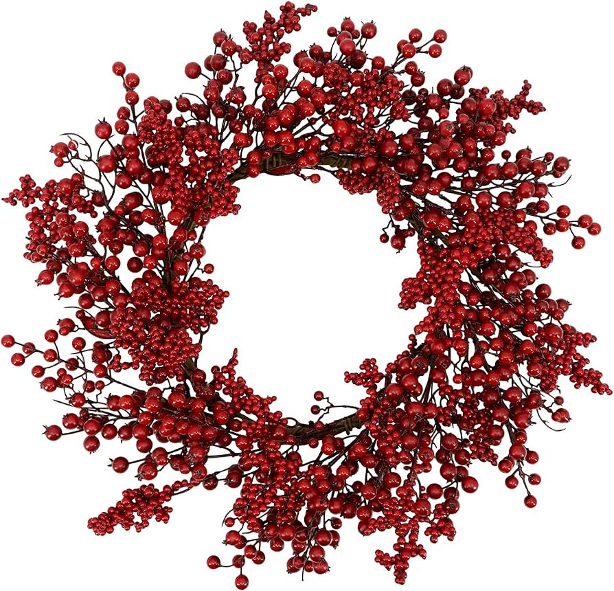 YNYLCHMX 20 Inch Christmas Wreath for Front Door, Winter Wreath with Welcome Sign Red Berries, Ar... | Amazon (US)