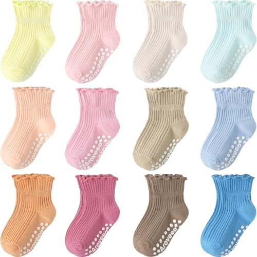 Baby Toddler Girls Socks Grip Ruffle Non Slip Girls Cotton 12 Pack Socks for Kids Cute Ankle 6M-7... | Amazon (US)