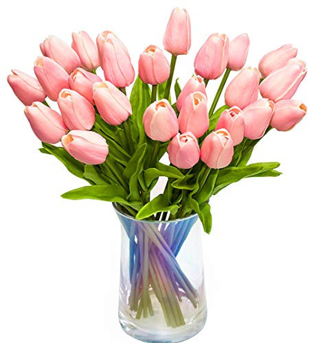 JOEJISN 30pcs Artificial Tulips Flowers Real Touch Pink Tulips Fake Holland PU Tulip Bouquet Latex Flowers for Wedding Party Office Home Kitchen Decoration (Pink) | Amazon (US)