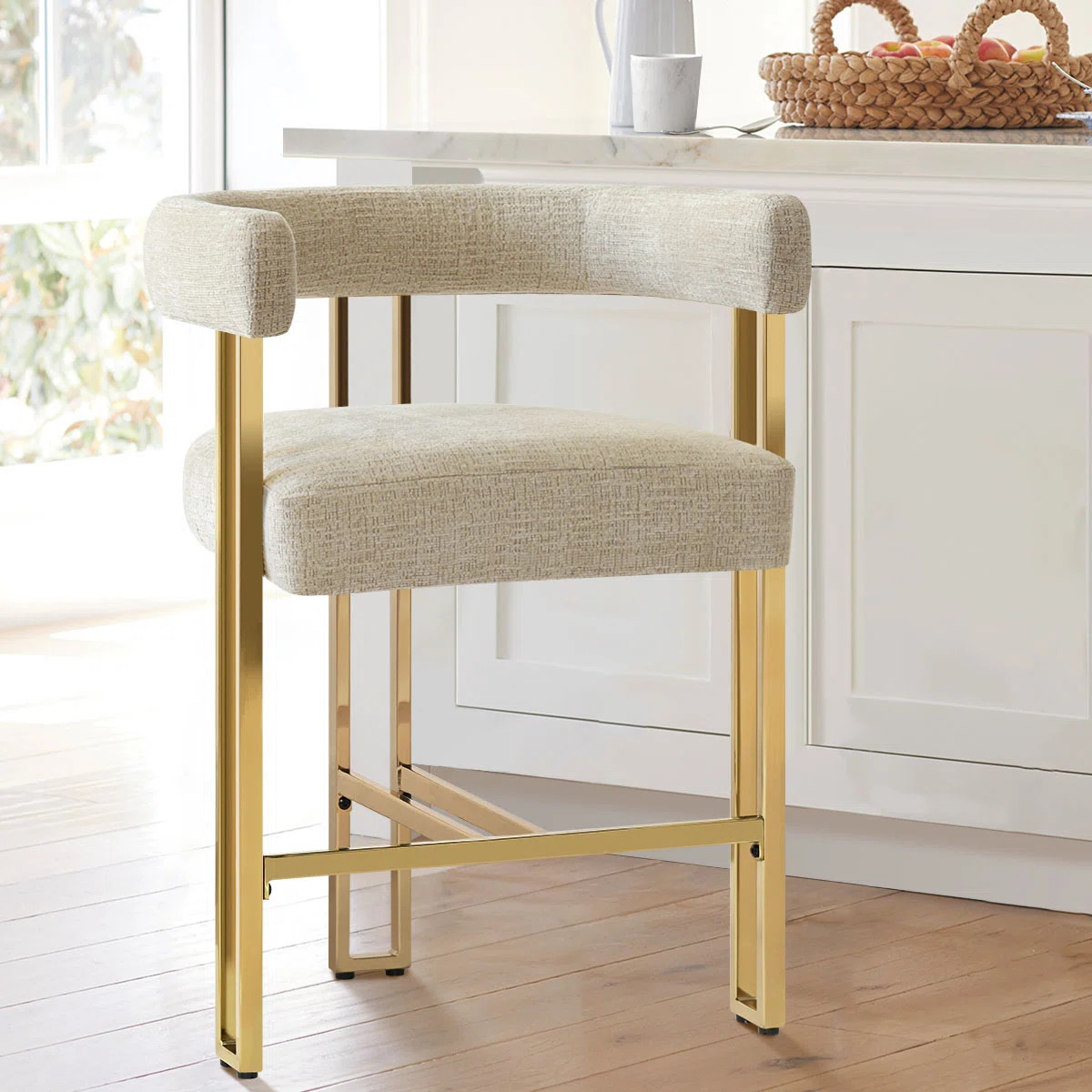 Rienna 25" Upholstered Gold Chenille Solid Back Counter Stool | Wayfair North America