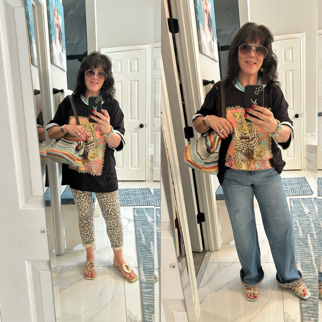 for this one, i’d go with:
leopard pants or wide leg jeans?? both are so cute, but i love how this fun top looks with each one!! which outfit would you pick? 🐆🩵 always be confident! 15% off the tees first time buyer!
#styleover50 #agelessfashion #midlifefashion #wearwhatyoulove #over50style

#LTKMidsize #LTKSaleAlert #LTKgrwm