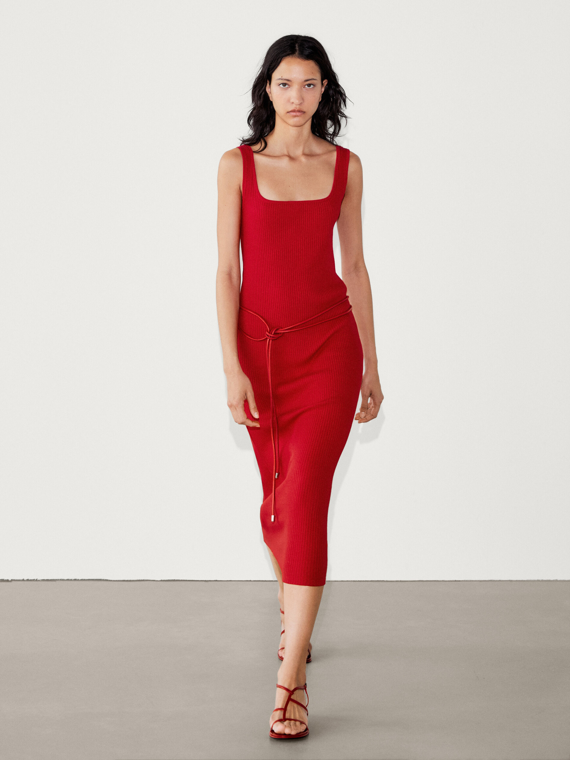 Ribbed midi dress with square neckline | Massimo Dutti UK