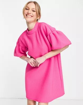 ASOS DESIGN ribbed mini dress with high neck and bubble sleeve in pink | ASOS (Global)