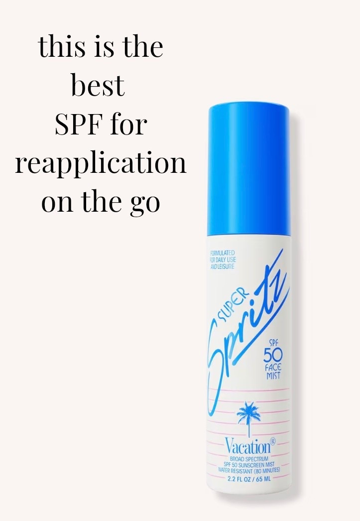 SPF For Easy Reapplication
This is hands down my favorite SPF to bring with me when out and about. It’s great for reapplying sunscreen over makeup. But honestly I use it even when I am not wearing any at all.
