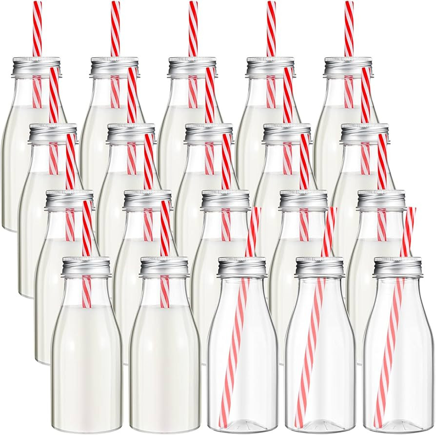 Yinkin 20 Set Plastic Milk Bottles with Straws & Silver Metal Lids Clear Plastic Bottle for Dairy... | Amazon (US)