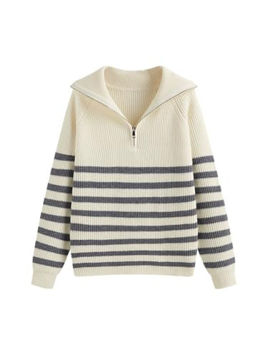 CIDER Women's Striped Quarter Zip Pullover Sweater Mock Neck Knit Fall Fashion Casual Sweater: White, M | Amazon (US)