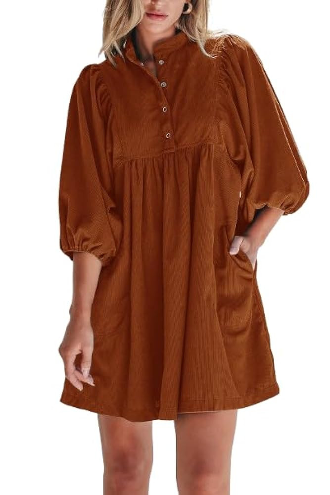 Womens Casual Dresses Corduroy Button Up Empire Waist 3/4 Sleeve Fall Winter Mini Babydoll Dress | Amazon (US)