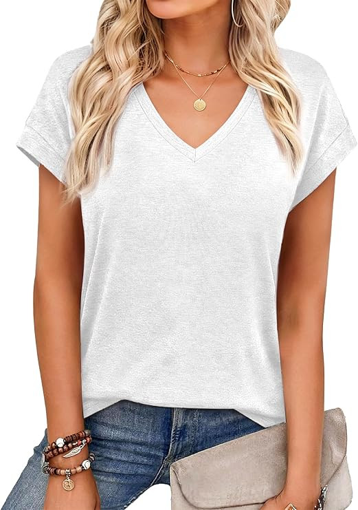 Womens Tops Short Sleeve V Neck T Shirts Basic Tees Casual Summer Outfits | Cap Sleeve T Shirts, ... | Amazon (US)