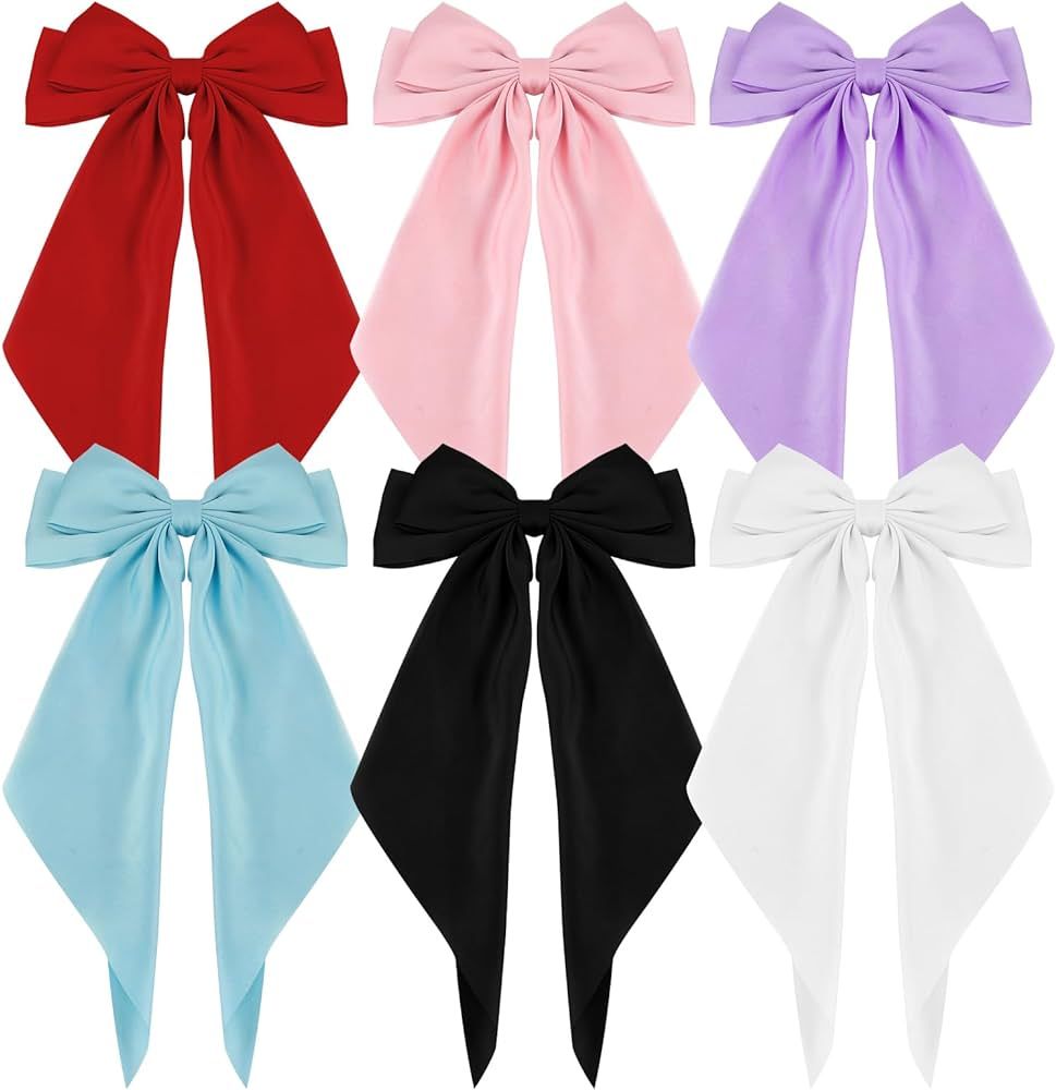 6PCS Hair Bows for Women, Silky Satin Hair Bow Hair Barrettes Clip Bowknot with Long Tail, Large ... | Amazon (US)