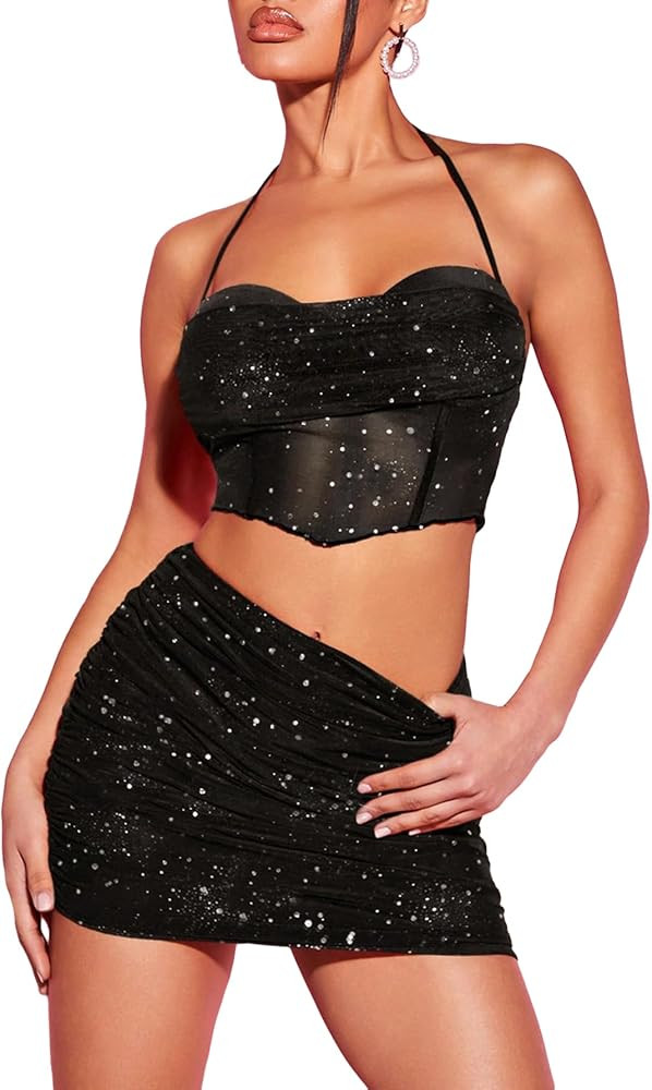 Verdusa Women's 2 Piece Outfits Sequin Crop Halter Top and Ruched Mini Bodycon Skirt Black Medium | Amazon (US)
