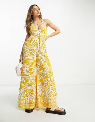River Island paisley print plunge wide leg beach jumpsuit in yellow | ASOS (Global)