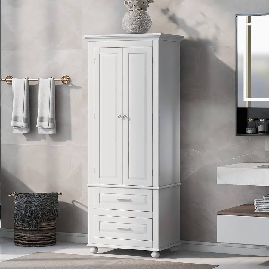 Tall Bathroom Storage Cabinet, Freestanding Floor Cabinet with 2 Door Cabinet and 2 Drawers, Larg... | Amazon (US)