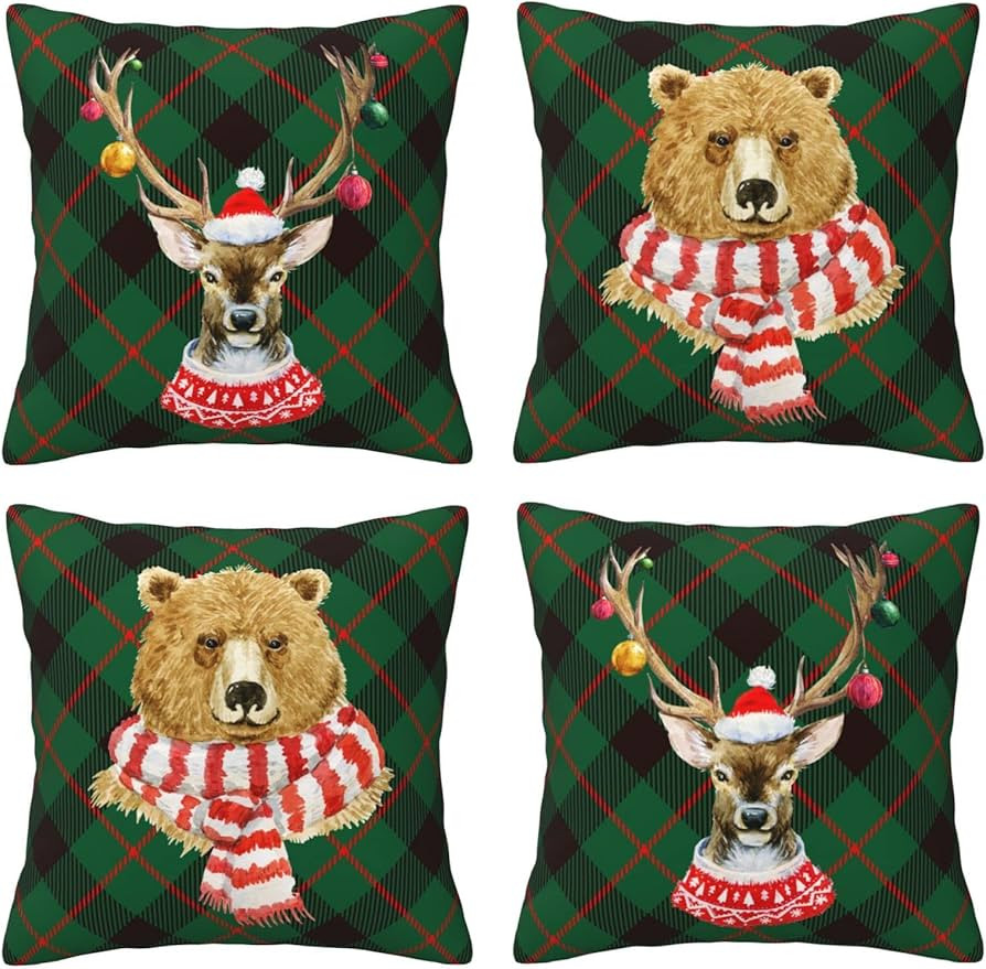 Worltoldb Christmas Bear Deer Throw Pillow Covers Set of 4 Winter Xmas Decorative Soft Linen Fabr... | Amazon (US)