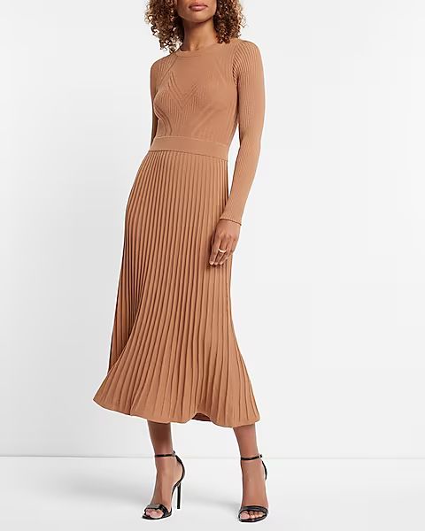 Long Sleeve Pleated Ribbed Midi Sweater Dress | Express