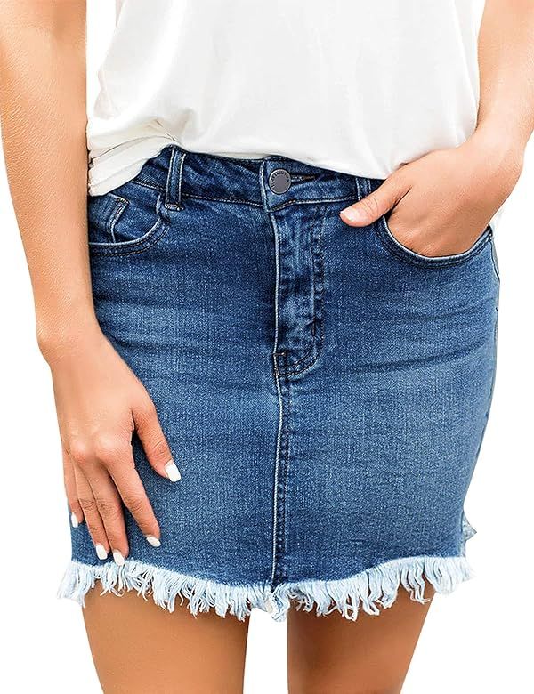 Women's Casual Pockets Frayed Faded Stretch Denim Zip Short Jeans Skirts | Amazon (US)