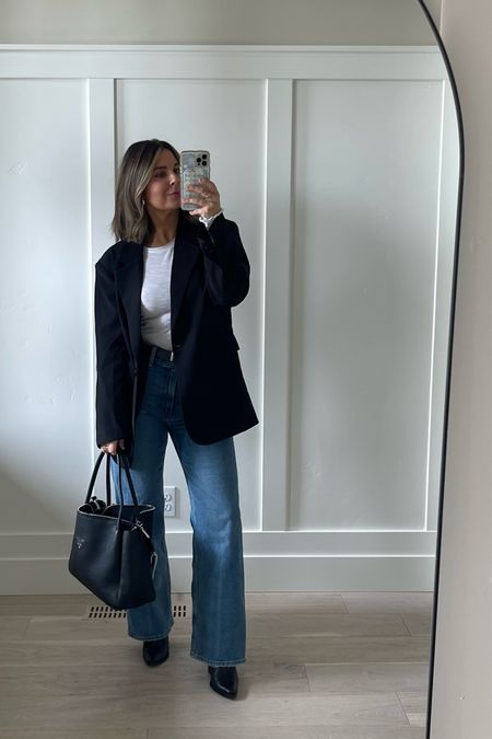 girls day —- these jeans are my favorite I have the medium wash and I linked similar (mine are a few years old but same style tagged!) loving this white tee long sleeve for layering and & tucking. Always classic with an oversized blazer 