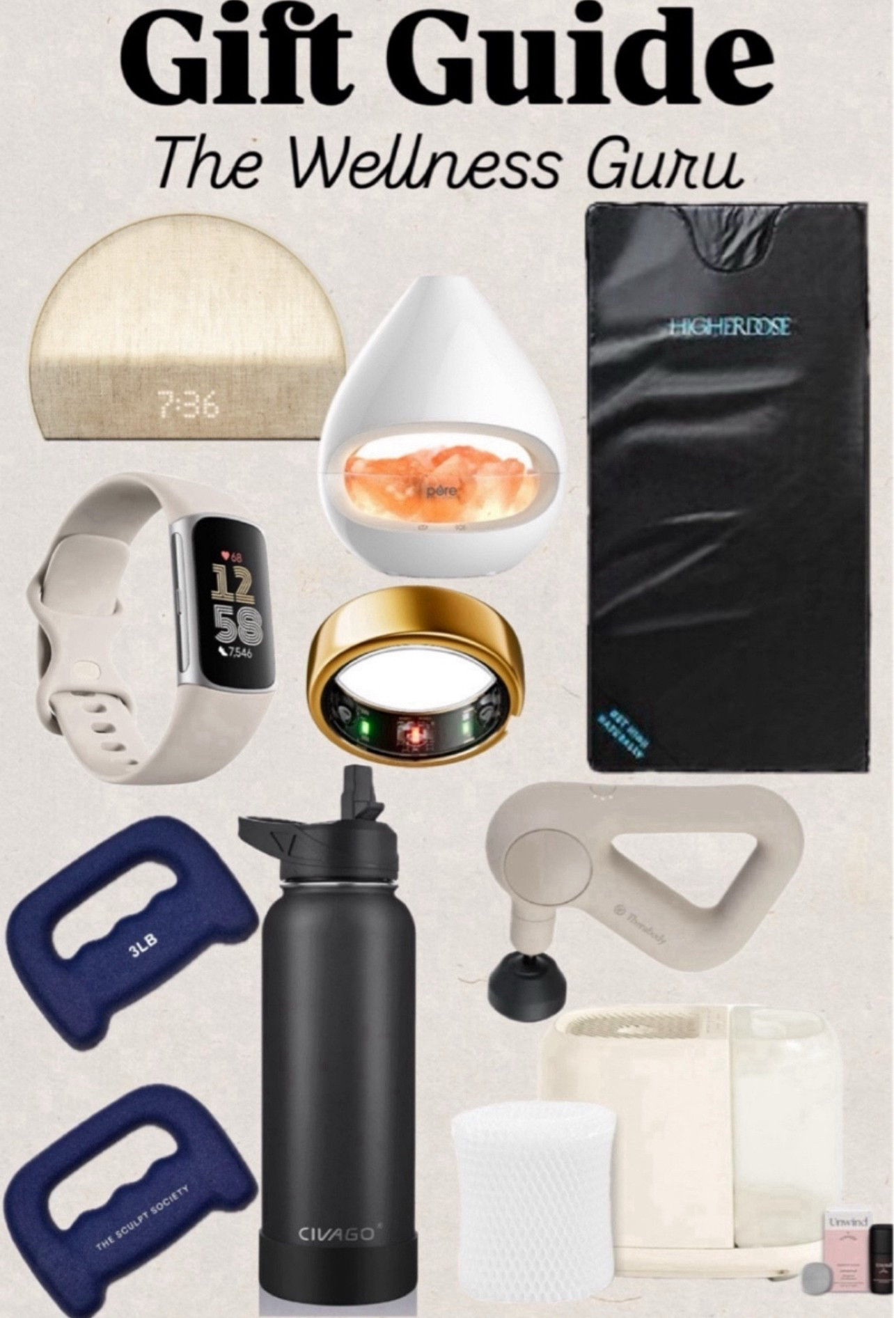 Gifts for the wellness guru
Higher dose sauna blanket
Himalayan salt
Hatch white noise machine
Canteen
Fitbit
Apple Watch
Oura ring
Theragun
Weights
Humidifier

#LTKGiftGuide