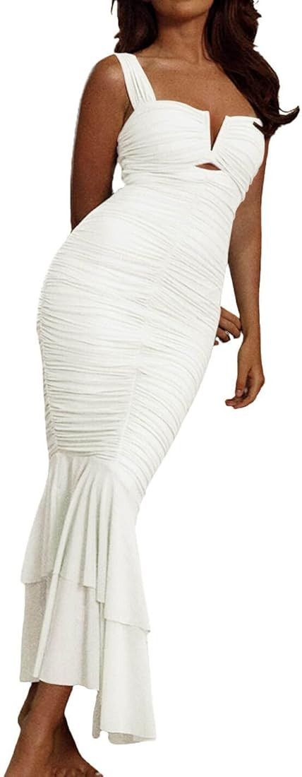 CHARTOU Women's Sleeveless Strappy Prom Party Evening Ruched Bodycon Mermaid Fishtail Maxi Dress | Amazon (US)