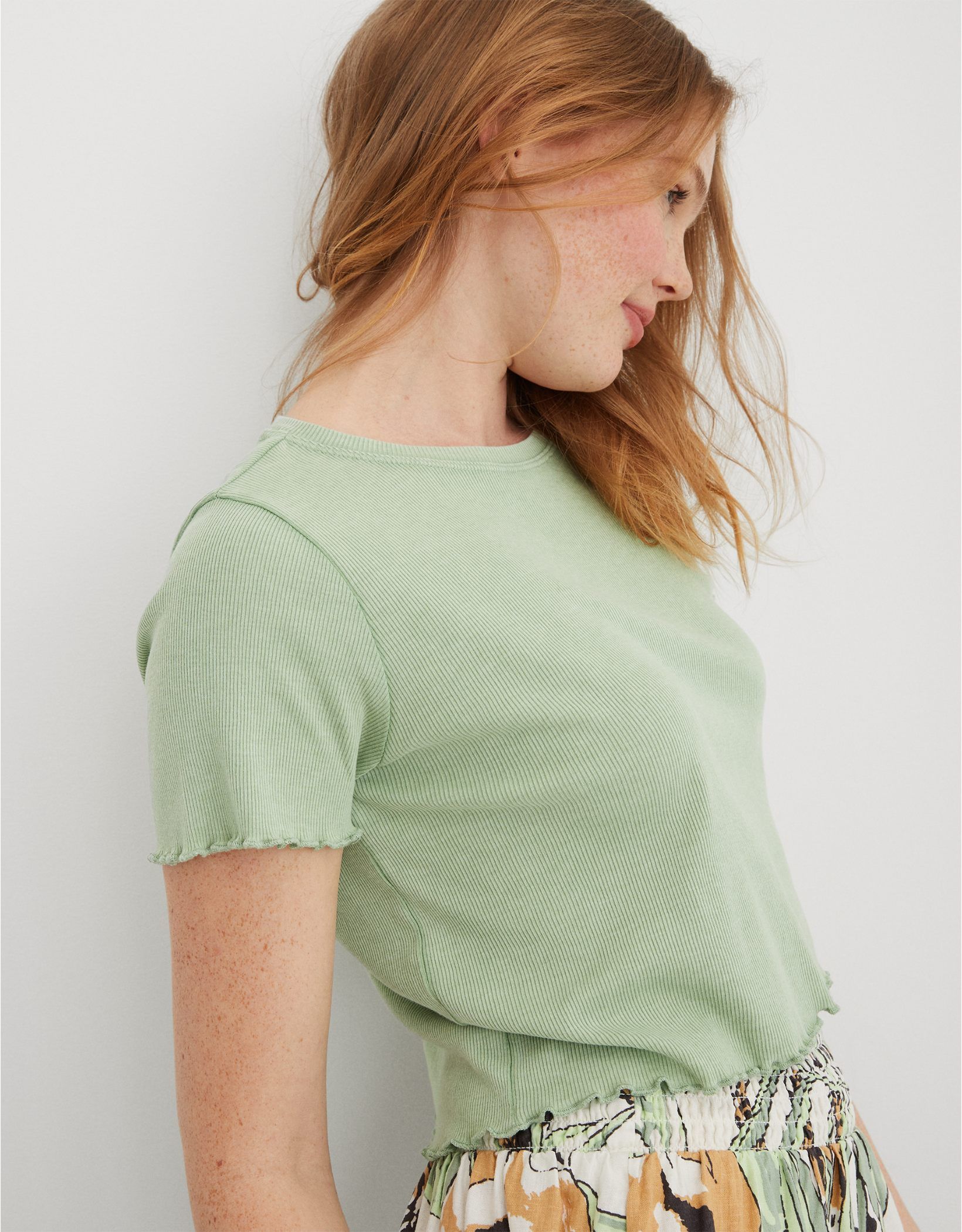 Aerie Ribbed Lettuce Trim Baby T-Shirt | American Eagle Outfitters (US & CA)
