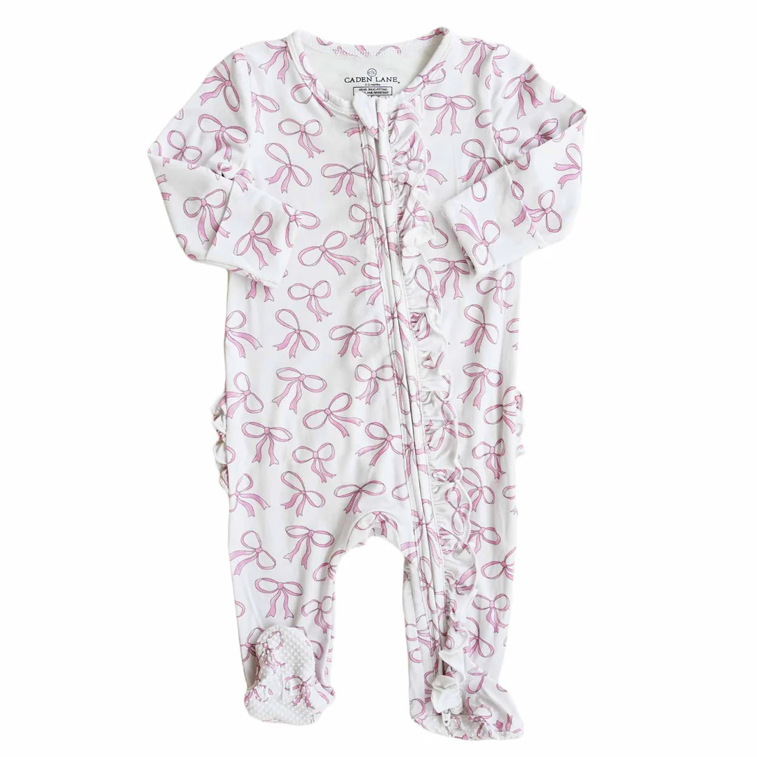 Blushing Bows Ruffle Zipper Footie* | Caden Lane