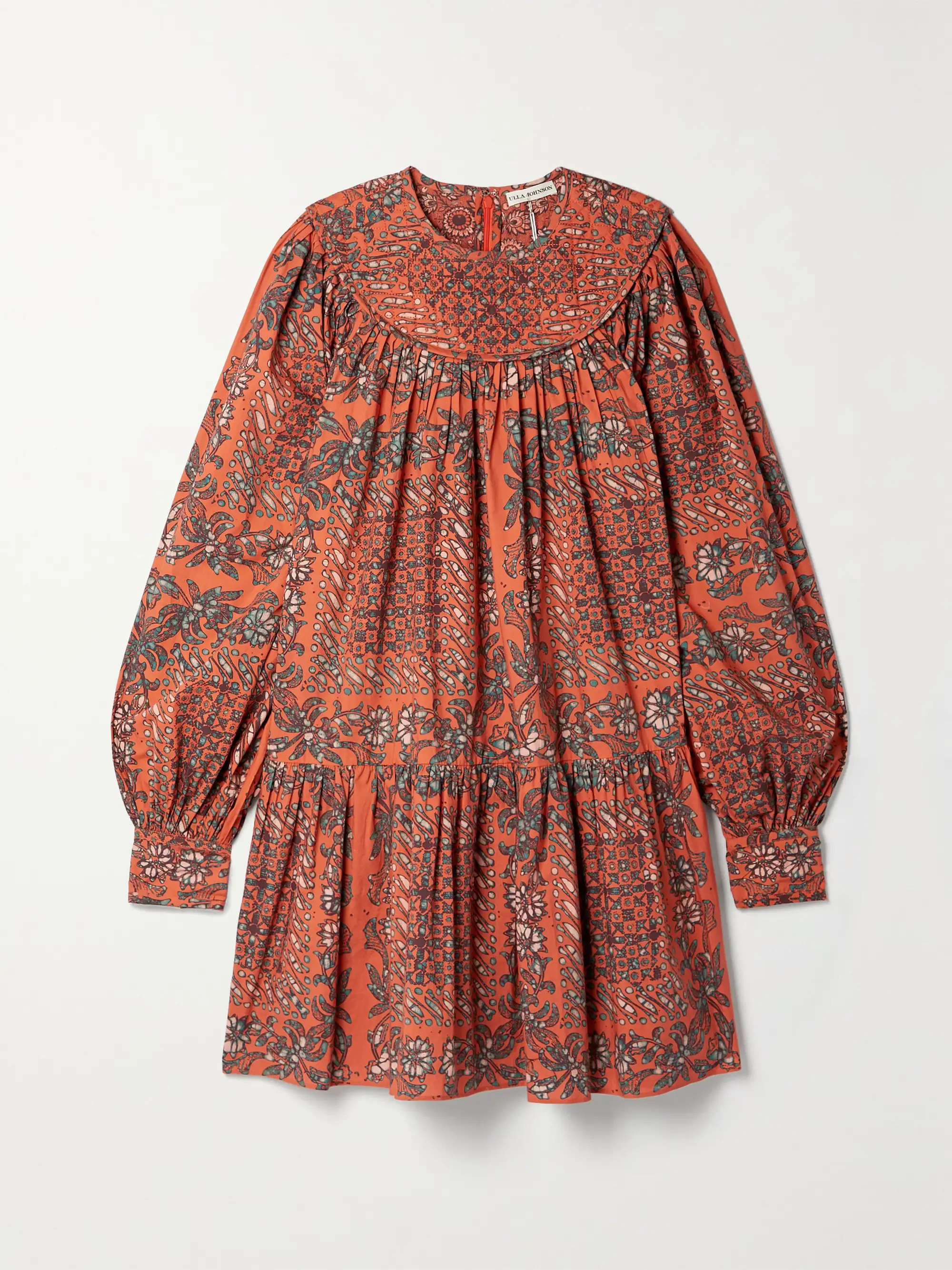 Orange Ria  gathered printed cotton-poplin mini dress | ULLA JOHNSON | NET-A-PORTER | NET-A-PORTER (US)