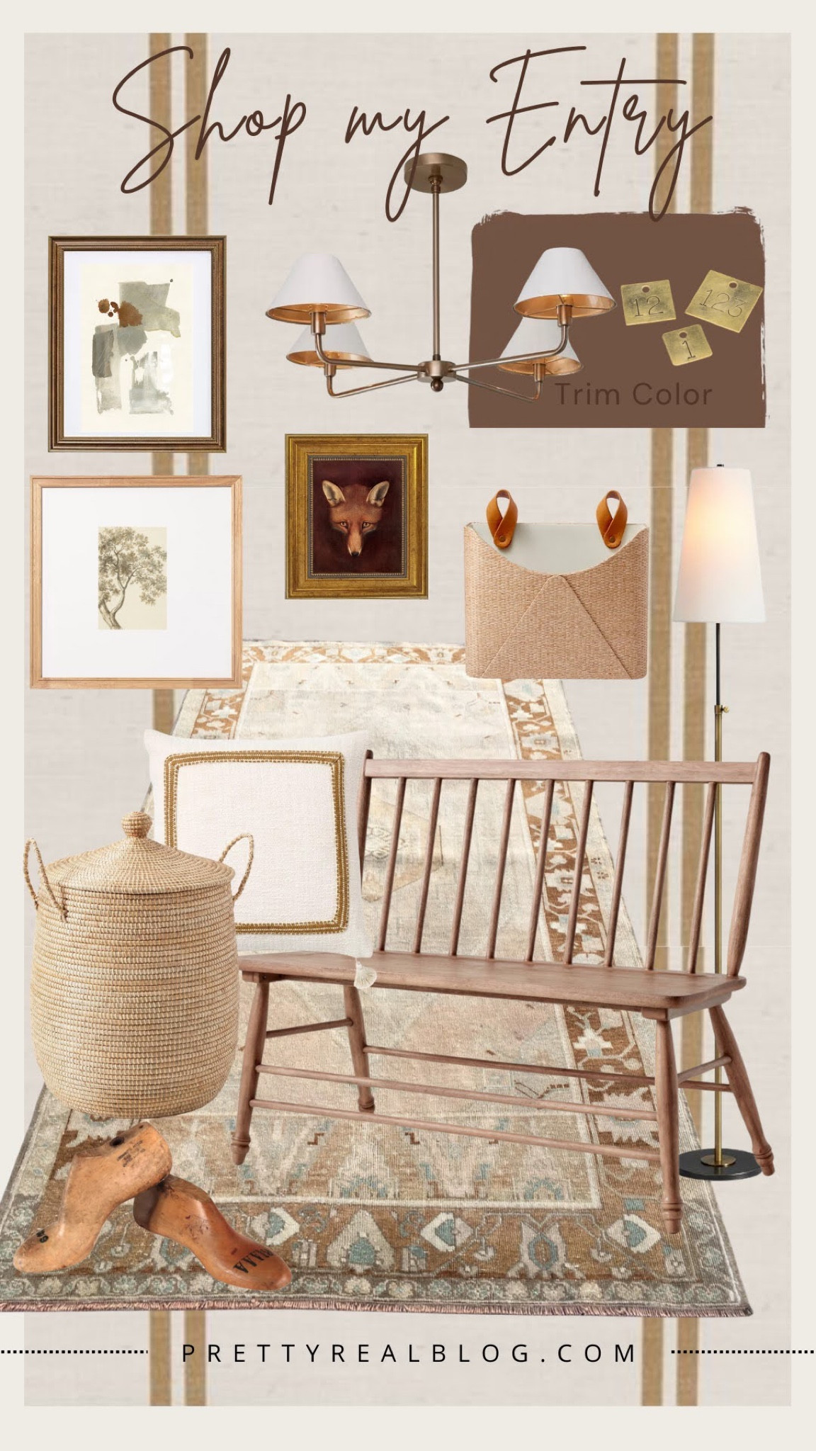 Entry way design, shop our entry, entry bench, modern chandelier, La Jolla basket, vintage rug 