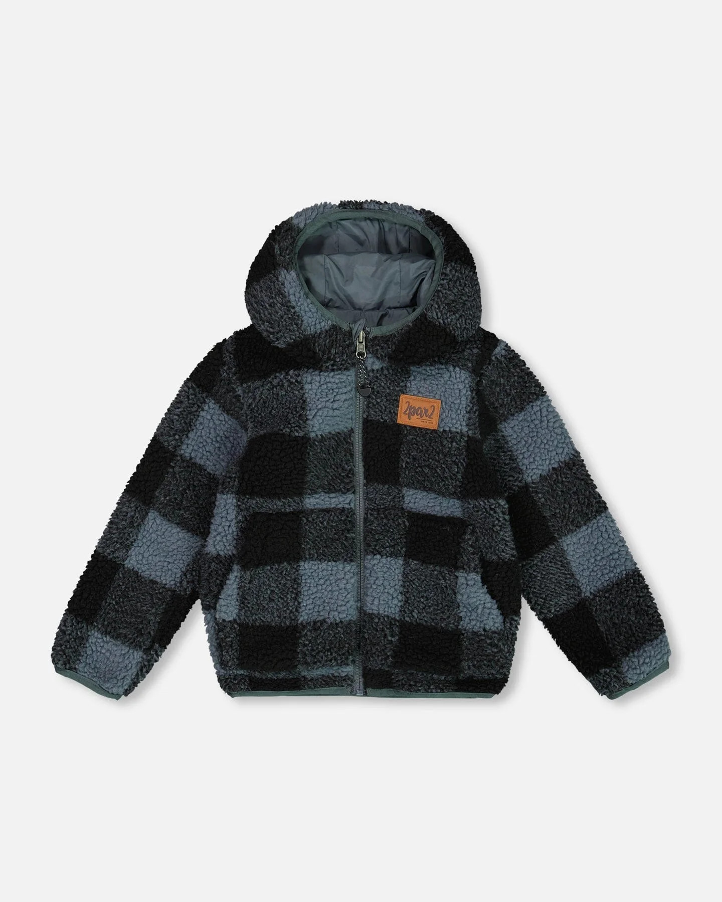 Reversible Sherpa Jacket Blue And Black Plaid - Deux par Deux | Deux par Deux Childrens Designer Clothing