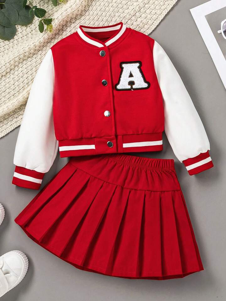 SHEIN Young Girl Fashionable Casual Contrast Color Towel Embroidery Patch Baseball Jacket And Ski... | SHEIN