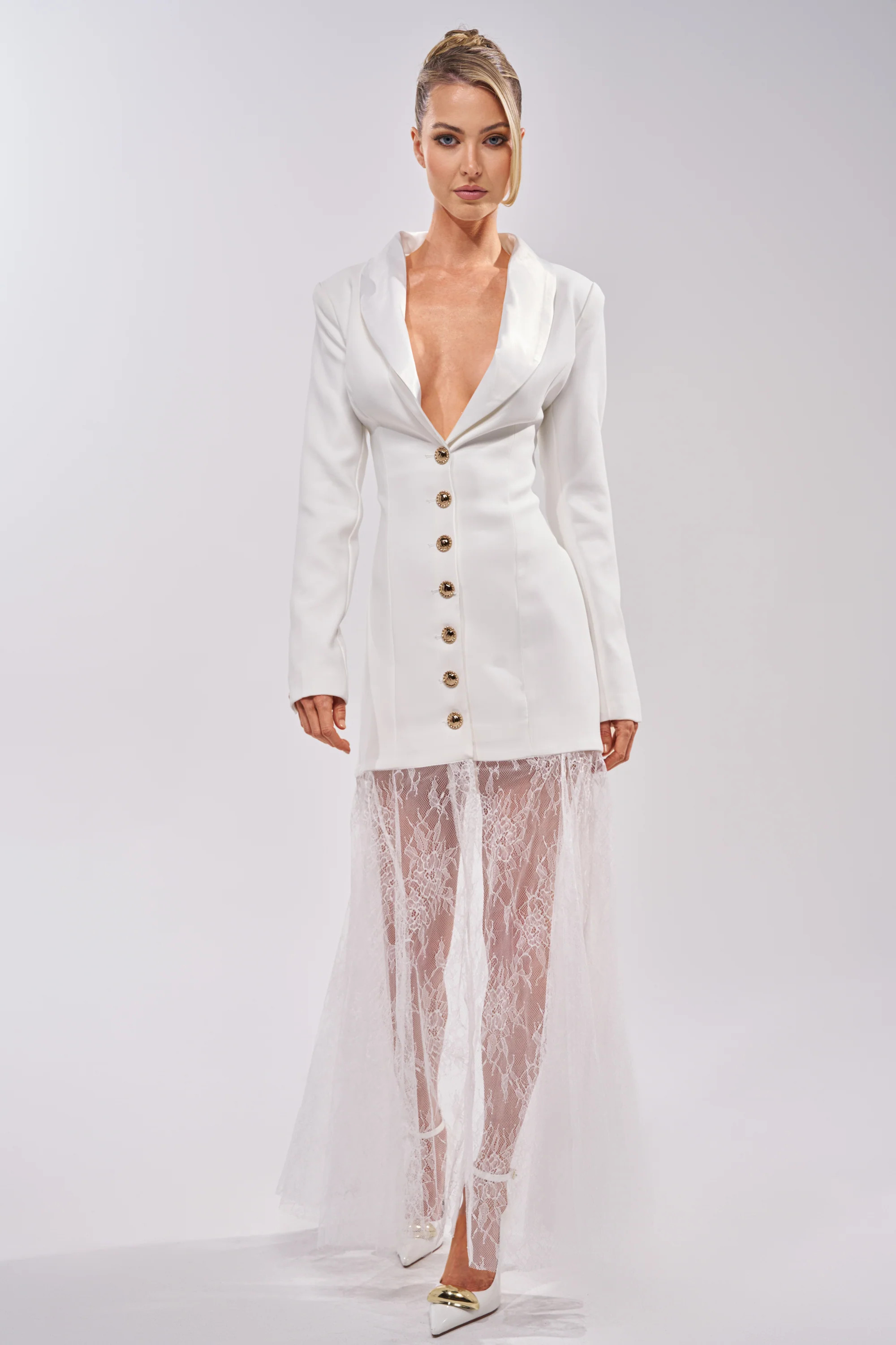 OK BOSS LADY BLAZER MAXI DRESS IN WHITE | AKIRA