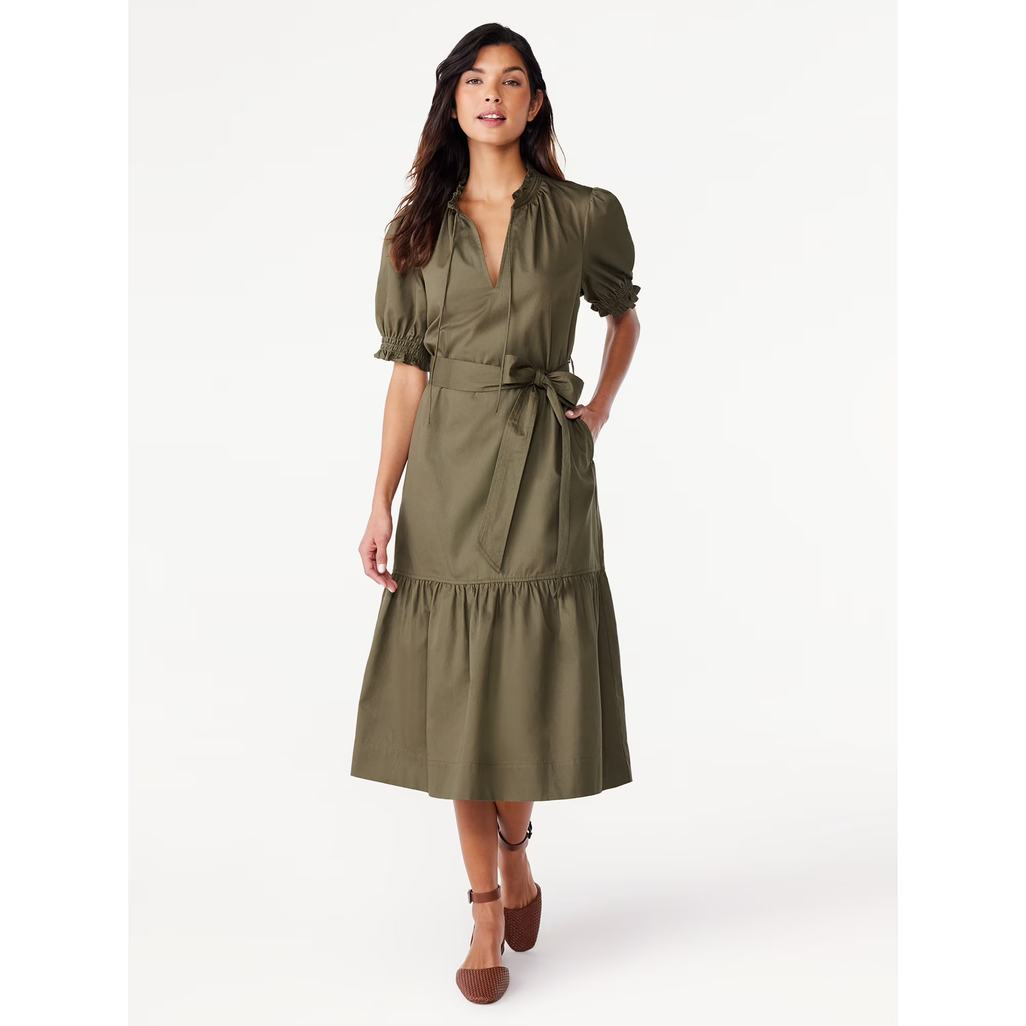 Free Assembly Women's Ruffle Neck Belted Midi Dress with Short Sleeves, Size XS-XXL | Walmart (US)