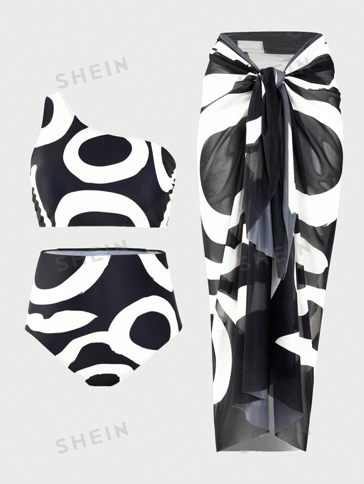 SHEIN Swim Oasis Summer Beach Plus Size Women's Printed One Shoulder Swimsuit 3pcs Set Music Fest... | SHEIN