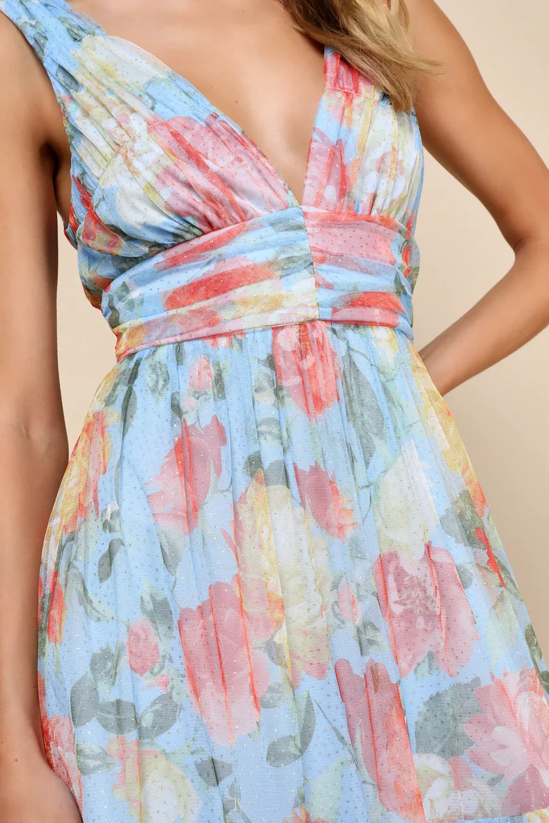 Perfectly Divine Blue Floral Tulle Tiered Ruffled Midi Dress | Lulus