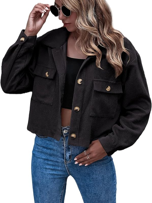 Eteviolet Women's Casual Cropped Corduroy Jackets Button Down Long Sleeve Shirts Jacket With Pock... | Amazon (US)