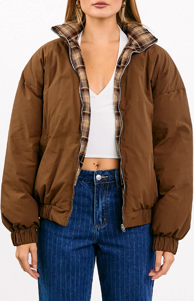 All I Wanted Brown Plaid Puffer Jacket | Beginning Boutique (US)