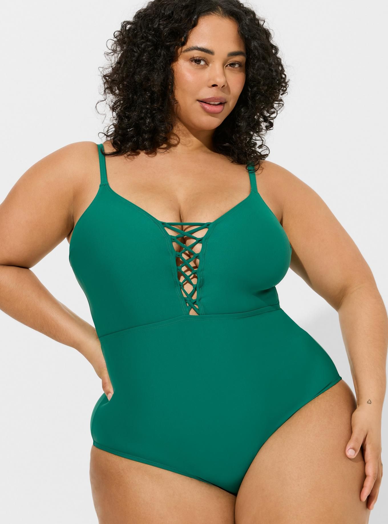 Wireless Plunge Strappy Lace Up One Piece Swimsuit | Torrid (US & Canada)