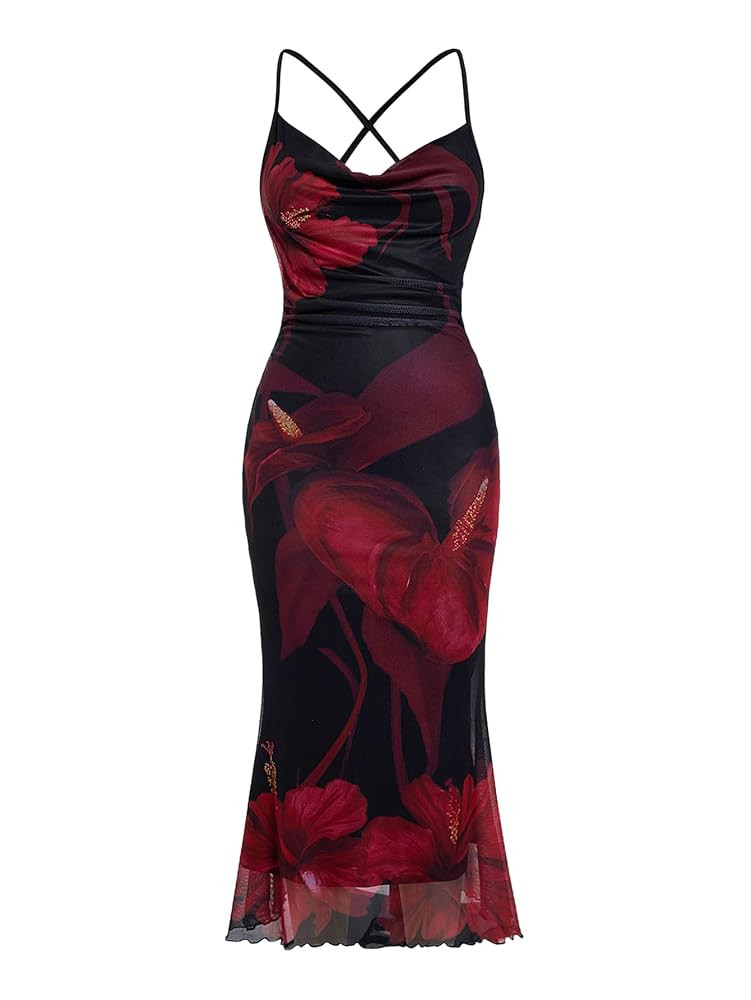 SOLY HUX Women's Floral Mesh Bodycon Cami Dress Cowl Neck Sleeveless Cocktail Party Wedding Guest... | Amazon (US)