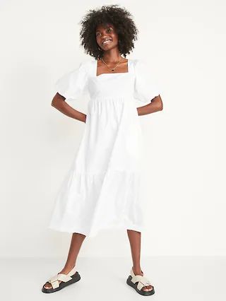 Puff-Sleeve Fit & Flare Smocked All-Day Midi Dress for Women | Old Navy (US)