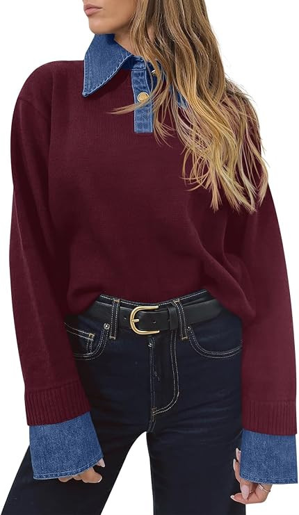 Saodimallsu Womens Denim Patchwork Sweaters V Neck Polo Pullover Tops | Amazon (US)