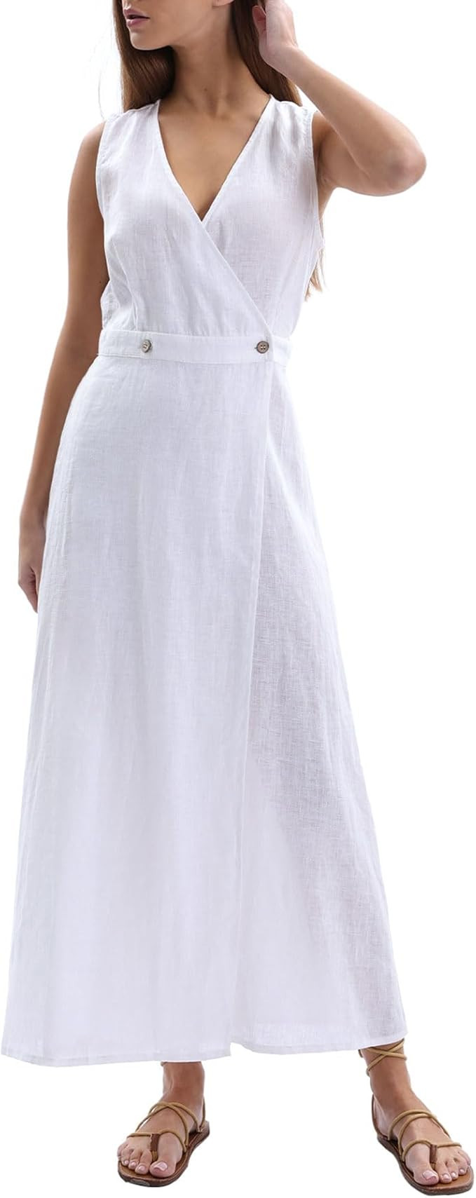 Amazhiyu Women's 100% Linen Summer Sleevelesss V-Neck Wrap Midi Dresses Casual | Amazon (US)