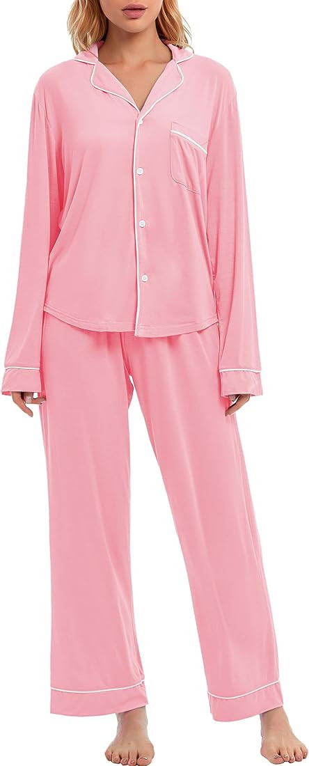 LUBOT Womens Pajamas Set PJs Set Button Down Front Sleepwear Soft Two-piece Long Short Sleeve Shi... | Amazon (US)