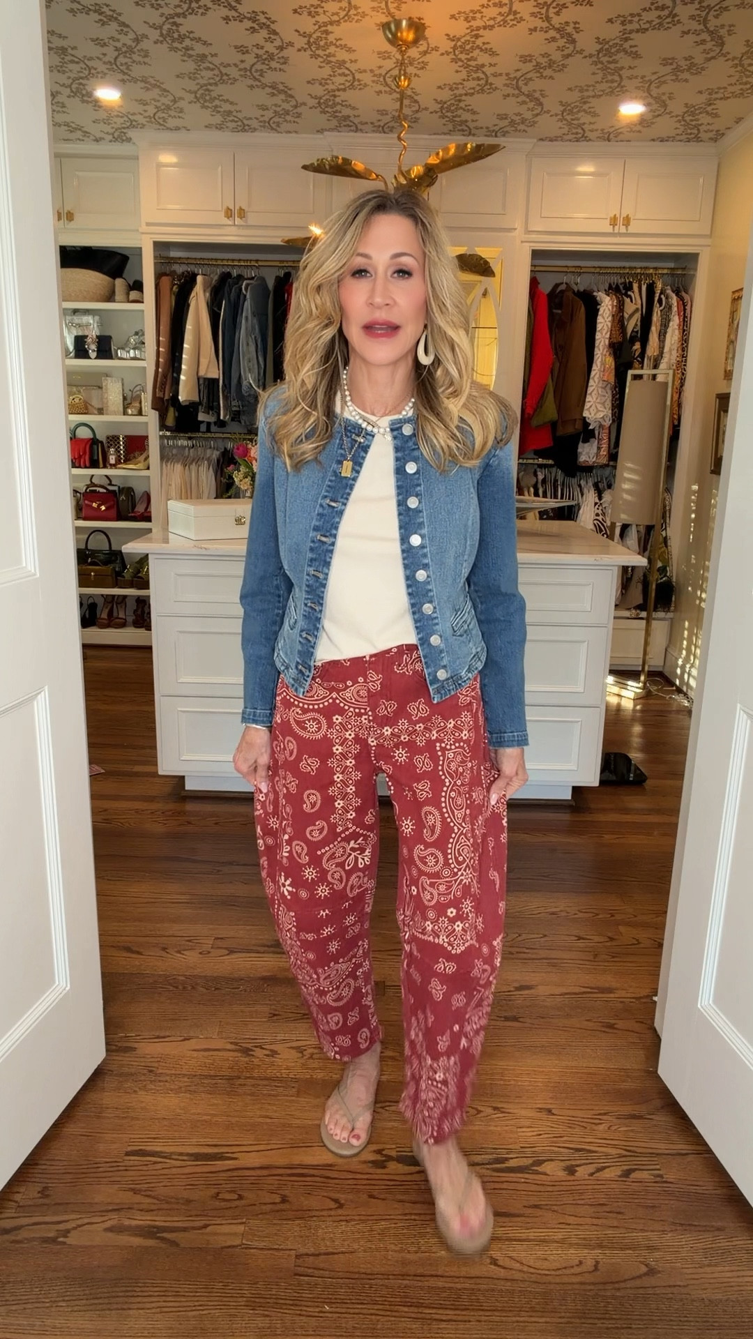 Cutest affordable look.  Denim jacket, long sleeve tee, bandana jeans and leather flip flops that you need!  Accessorized with Hart Jewelry!


#LTKootd #LTKSeasonal #LTKOver40