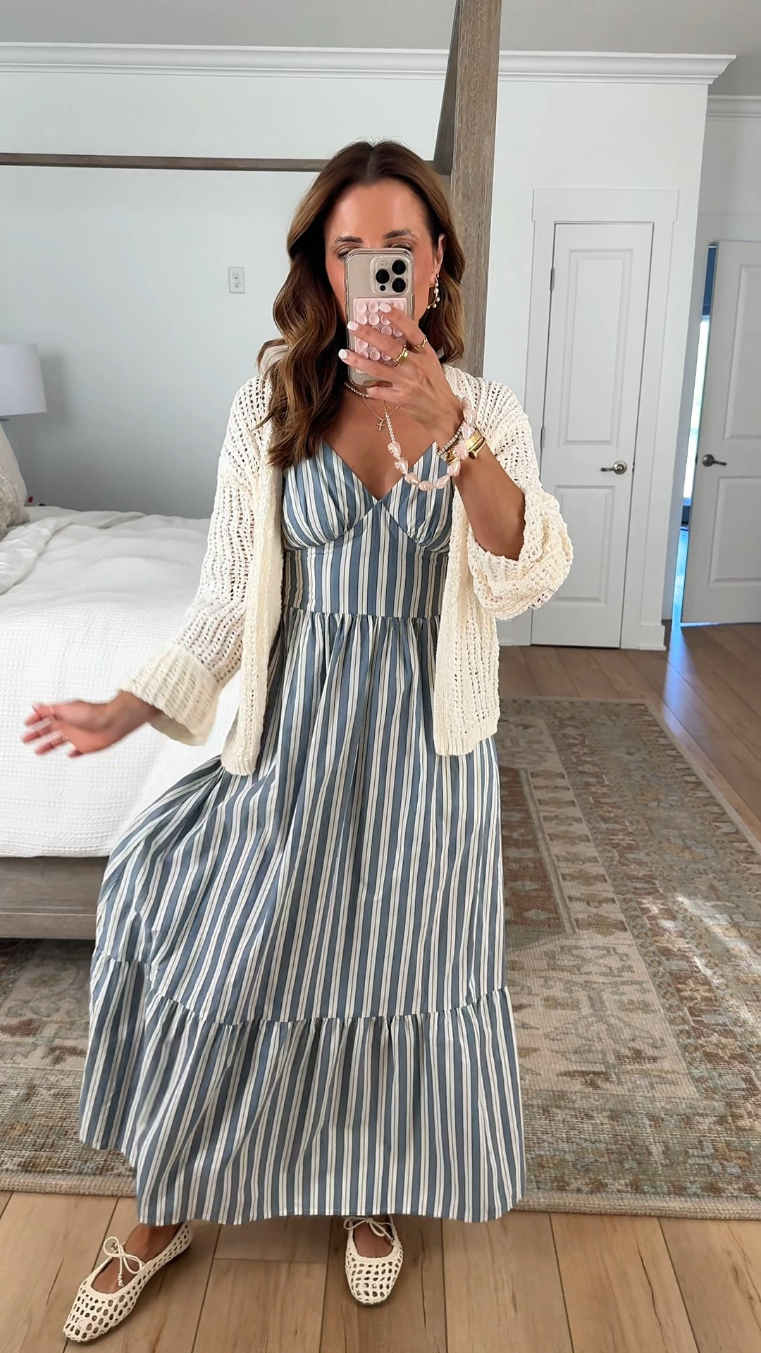 Target striped maxi dress in XS with adjustable straps. Target cream cardigan in XS. Woven ballet flats are TTS. Spring outfit. Vacation dress. Spring dress. Summer dress. Resort wear. 

#LTKPetite #LTKMothersDay #LTKTravel